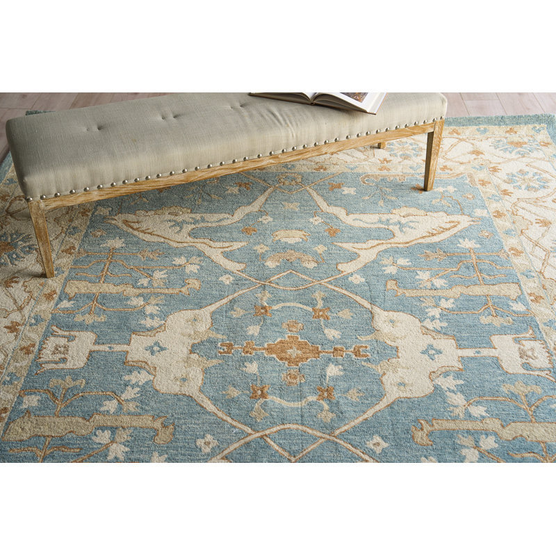 Exquisite Rugs Claremont Oushak Handmade Hand-Tufted New Zealand Wool On Canvas Ivory/Light Blue Area Rug, Rectangle 9' x 12'