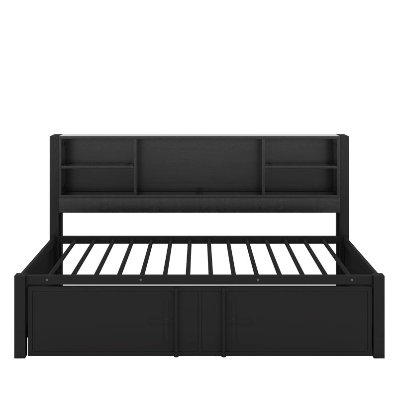 Metal Twin Size Daybed With Trundle, Shelves And USB, Black