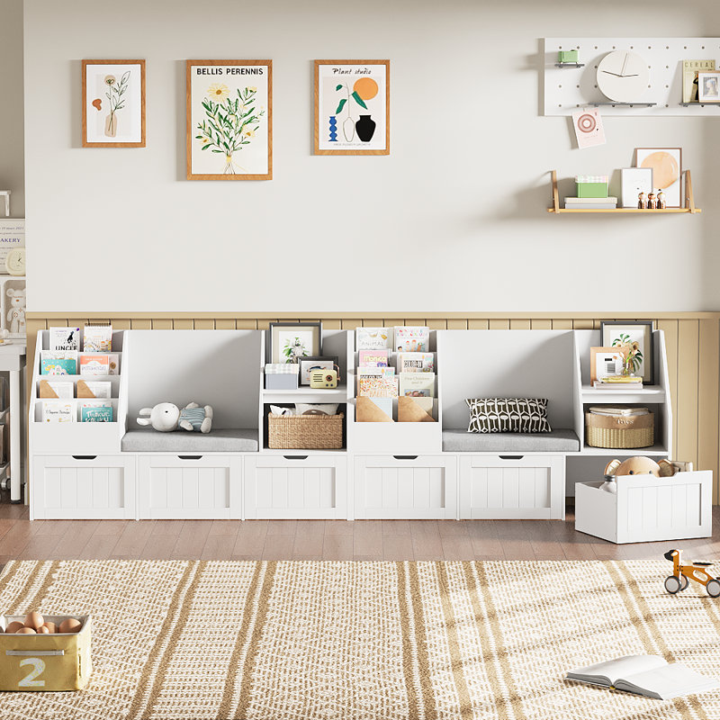 55.1" W x 31.5"H 3-IN-ONE Kids Bookcase with 3 Drawers, Soft Cushion, 4-Layer Bookshelf, Reading Nook, White