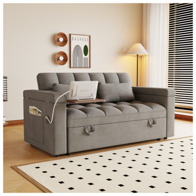 Canapé-lit convertible en velours de 65 pouces avec station de charge USB et accoudoirs de rangement - Canapé-lit moderne pliable 3-en-1 pour les petits espaces