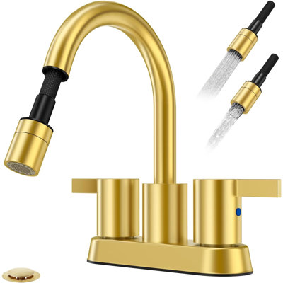 Robinet de lavabo utilitaire brossé or avec douchettes, robinets de buanderie avec douchette, robinet de salle de bain 3 trous, robinet escamotable, bonde escamotable en métal