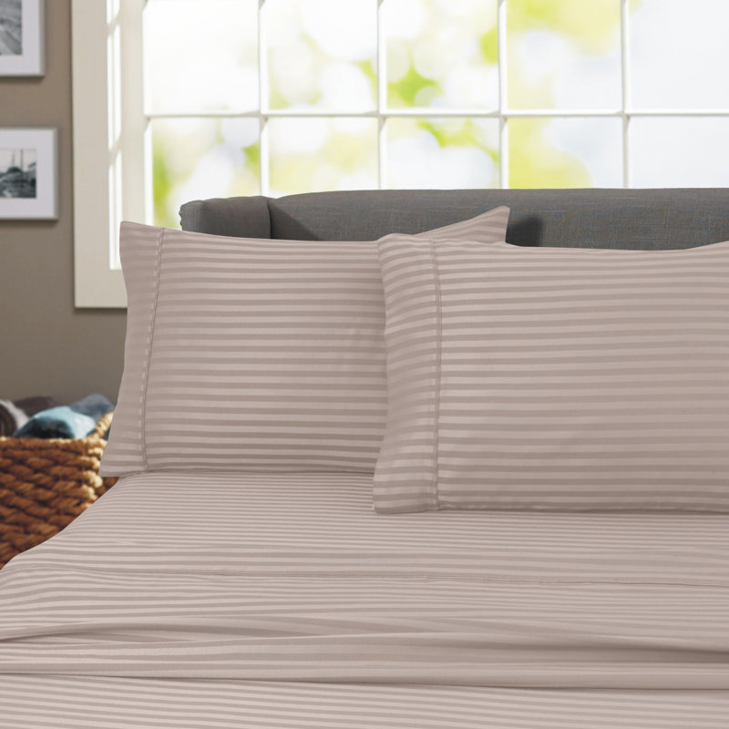 Egyptian Cotton Sateen Striped Sheet Set, Gray, King Sheet Set with Fitted Sheet and 2 Pillowcases
