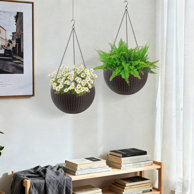 13.4 Inch Self-watering Hanging Rattan-inspired Planter Large Capacity, Root-rot Resistant Water Storage With Water Level Indicator, Dual-use For Indoor & Balcony Decoration Pack Of 2