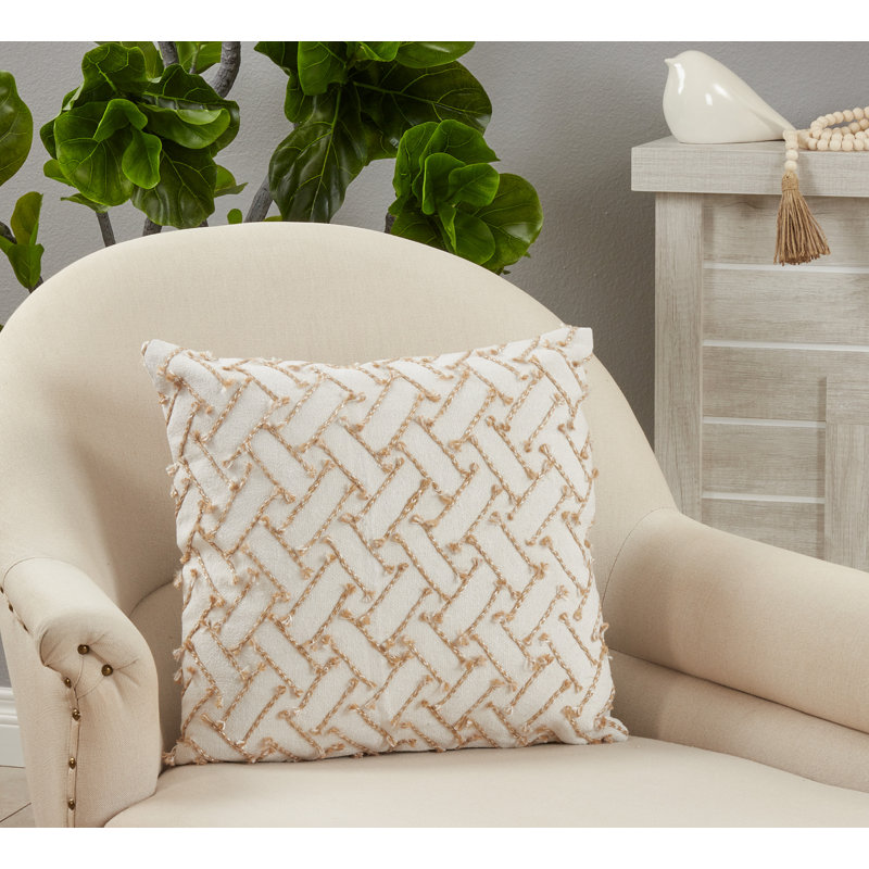 White Square Embroidered Down Filled Throw Pillow