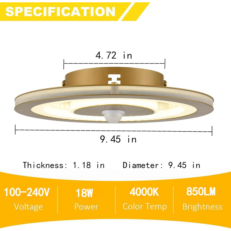 Luminaire de plafond rond à détecteur de mouvement à DEL doré - blanc naturel 4000 K, dôme d'intérieur, idéal pour l'éclairage de garde-robe, de couloir ou de garde-manger