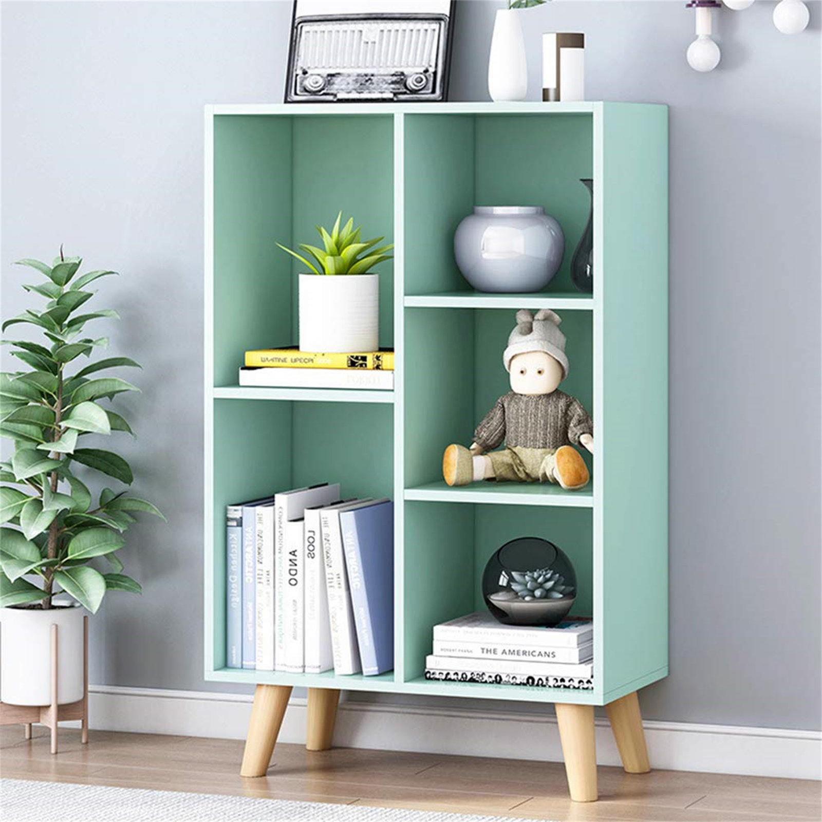 Wooden Open Shelf Bookcase - 3 Tier Floor Display Cabinet Shelf with Legs, 5 Cube Bookshelves Corrigan Studio Color: Green