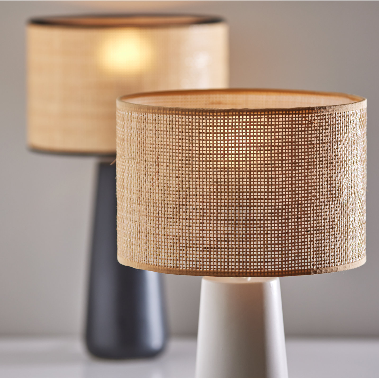 Piazza Ceramic Table Lamp, White, Natural Rattan w. Beige Trim, 30''H x 16''W x 16''D