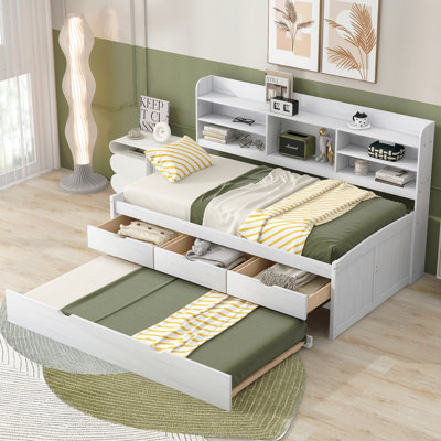 Twin Size Wooden Captain Bed With Built-In Bookshelves,Three Storage Drawers And Trundle