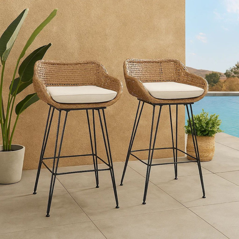 Ensemble de 2 tabourets d'extérieur, tissu beige, rotin brun, noir