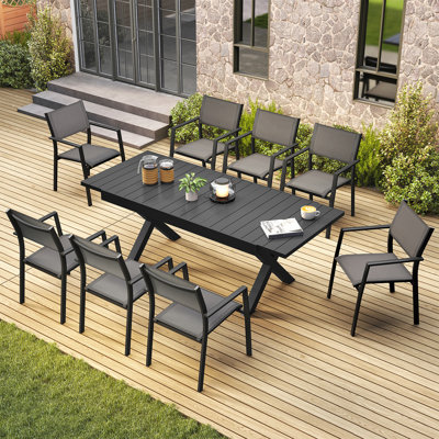Ensemble de salle à manger extensible 9 pièces pour patio, table et chaises empilables en aluminium antirouille pour 8 personnes, idéal pour terrasse, jardin ou intérieur. Couleur : noir.