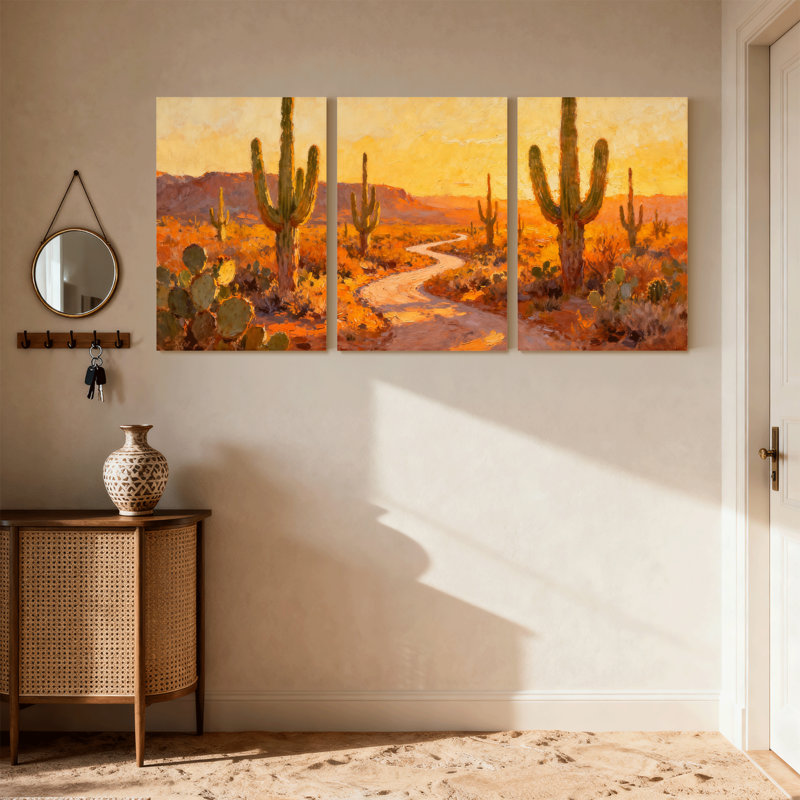 «Cactus Desert Landscape with Cactus and Sunset Path», ensemble de 3 impressions sur toile, H 18 po x l 36 po
