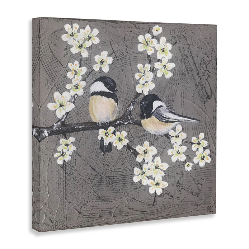 Art mural sur toile, "Bird pair on branch" par Jade Reynolds, H 30 po x l 30 po