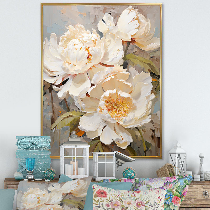 «Beige fragrant pivoine» sur toile, H 44 po x l 34 po x P 1,5 po, Cadre flottant doré