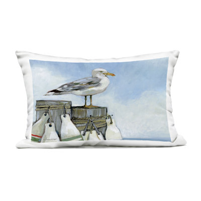 Seagull On Pier With Buoy Outdoor Printed Pillow design by Susan Winget