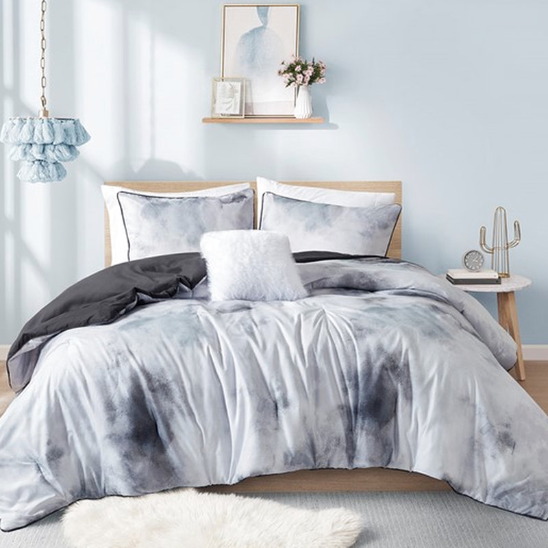 Literie pour lit simple / simple TG avec édredon imprimé teinture Tie Dye et coussin décoratif avec fourrure douce