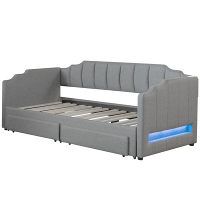 Extendable Twin XL to King Upholstered Daybed with LED Light and 2 Storage Drawers, Trundle Guest Bed Frame