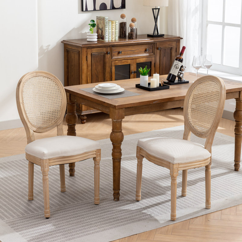 Ensemble de 2 chaises d'appoint de salle à manger avec dossier en rotin et siège en tissu doux, Beige