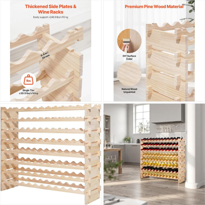 Support à vin empilable modulaire pour 96 bouteilles, support de rangement pour vin autoportant en bois massif à 8 niveaux pour la cuisine, la cave ou le bar