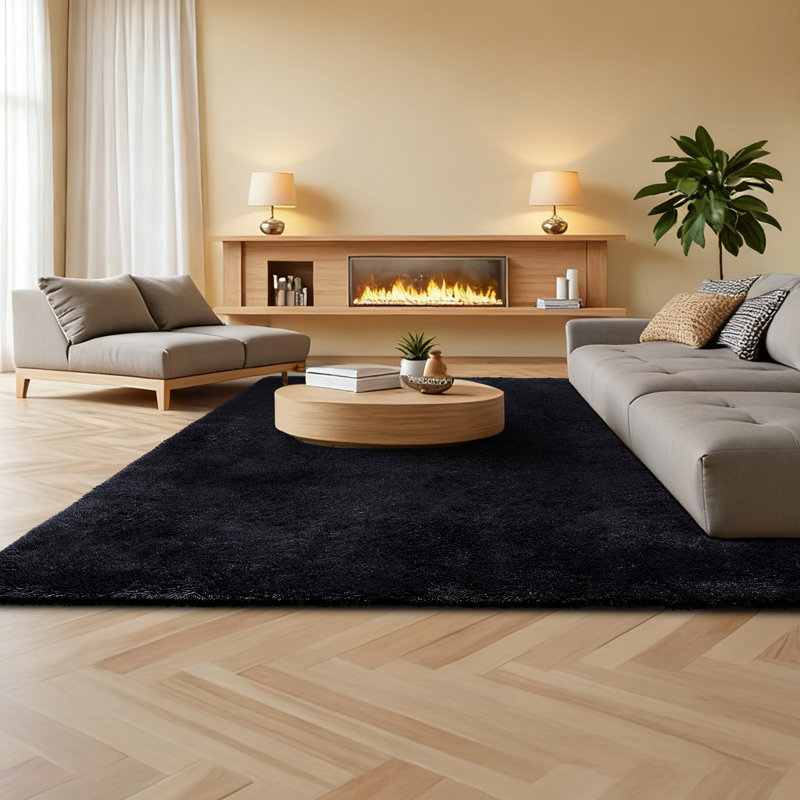 Indoor Plush Area Rugs, 8 x 10 ft Soft Plush Carpet, Furry Shag Area Rugs for Living Room, Bedroom, Sunroom, Modern Home Decor Aesthetic, Non-Shedding, Non-Woven, Slip-Resistant, Black