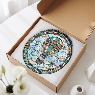 Hot Air Balloon Stained Glass Window Panel，7.8H