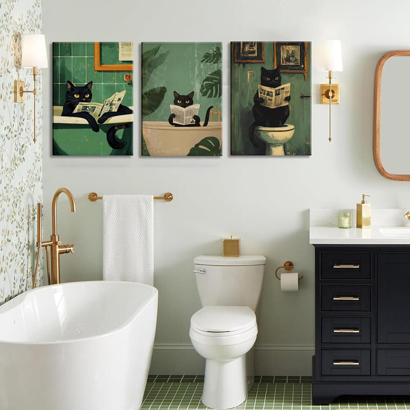 Black Cat Bathroom Canvas Wall Art,Cute Cat Reading Newspaper Funny Bathroom Poster Prints,Green Toilet Art Vintage Painting Artwork For Washroom Aesthetics Whimsical Quirky Room Decor 12X16in