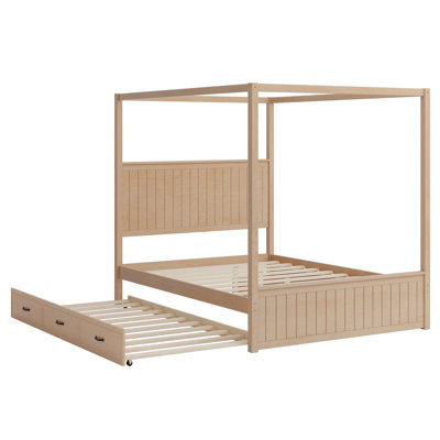 Modern Queen Size Canopy Platform Bed with Trundle and Three Storage Drawers,4-Post Solid Wood Bed Frame with Headboard,No Box Spring Needed,Natural (Old SKU: BS701P361837N)