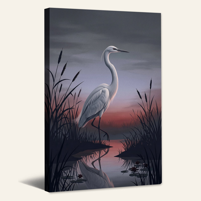 «White Egret debout dans des roseaux au coucher du soleil», art mural, H 30 po x l 20 po