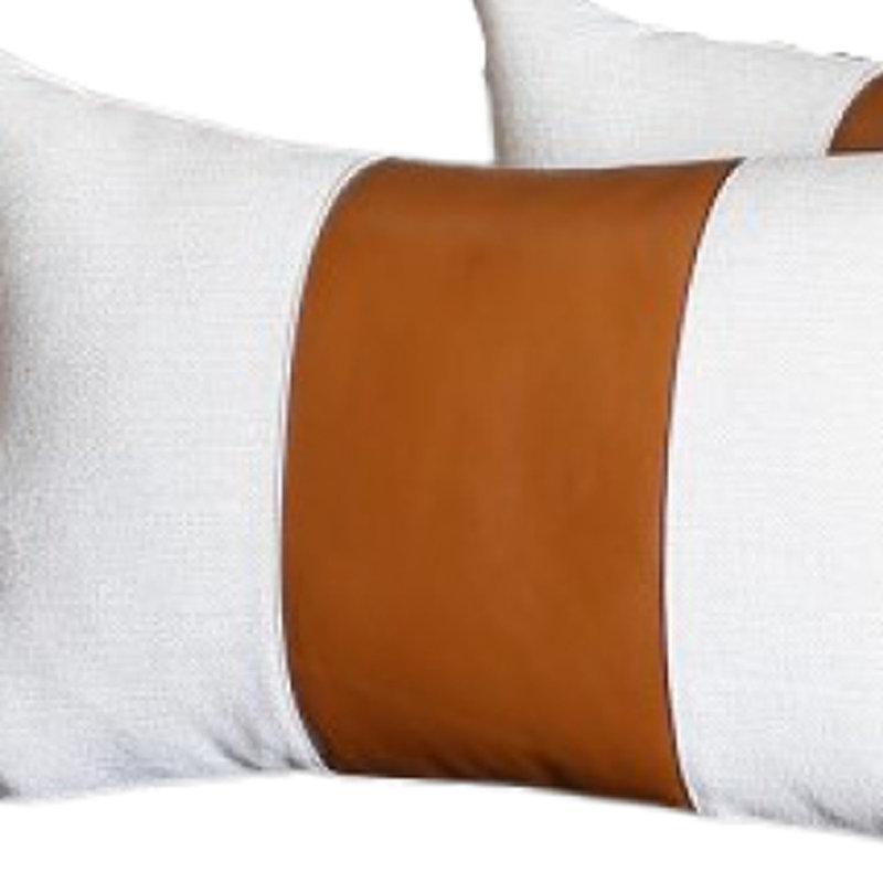 Set Of 2 Porcelain White And Center Caramel Brown Faux Leather Pillow Covers Set Of 2 Porcelain White And Center Caramel Brown Faux Leather Pillow Covers