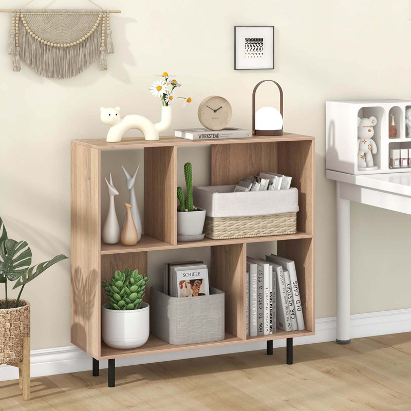 Open Shelf Bookcase Mid Century Modern Cube Bookshelf With 4 Compartments, Natural