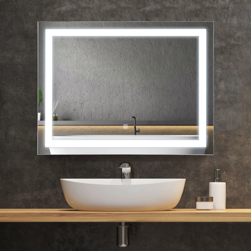 Miroir de salle de bain 32 po x 24 po à DEL avec éclairage à intensité variable, imperméable, horizontalement ou verticalement, argenté