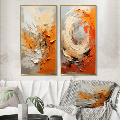 Orange And Beige Echoes Of Modern Shapes I - Abstract Painting Canvas Prints Set Of 2
