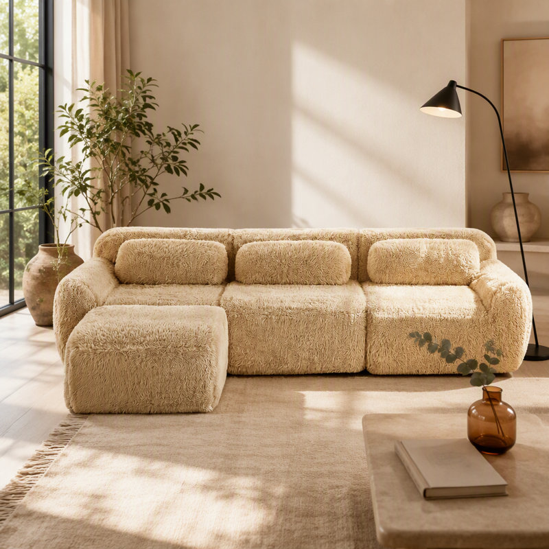 Tissu moelleux doux et moelleux en forme de L, canapé désossé, avec coussins décoratifs, éponge haute densité 32D, aucun assemblage requis, connexion par boucle antidérapante, repose-pieds mobile pour étude, kaki clair