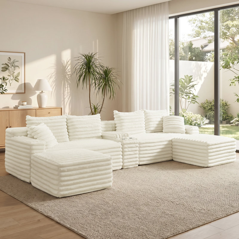 Canapé en forme de nuage U / L 127 po avec console, rangement, USB, 2 repose-pieds et porte-gobelet, luxueux fauteuils de compression durables en velours côtelé