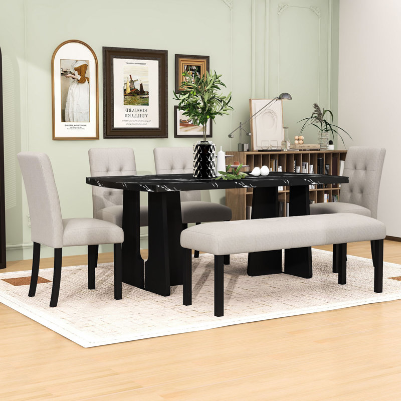 Ensemble de table de salle à manger 6 pièces avec table en faux marbre, 4 chaises rembourrées et banc, Noir, Beige