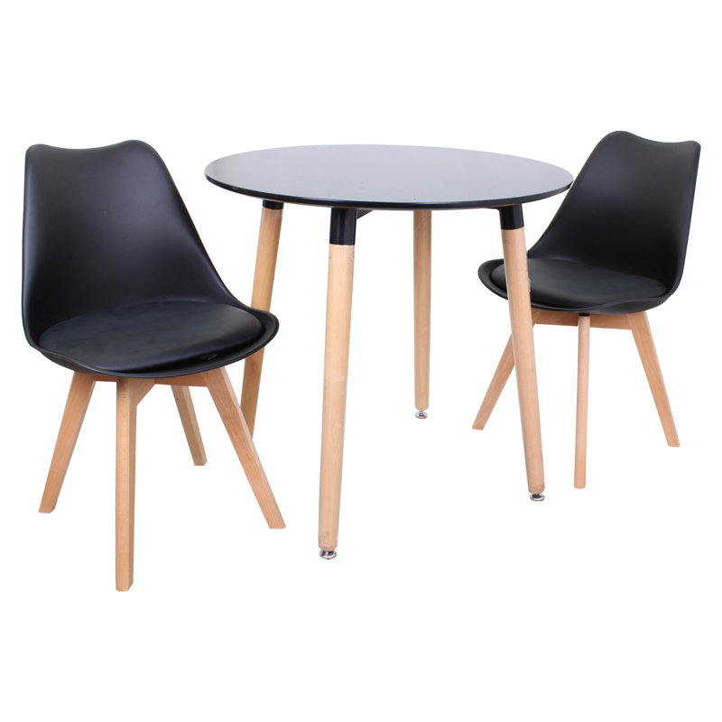 Todmorden 2 Person Dining set - a Round Plastic Dining Table with Wooden Legs and a Set of 2 Faux Leather Cushion Padded Dining Chairs for Dining Room - Modern Dining Table Set