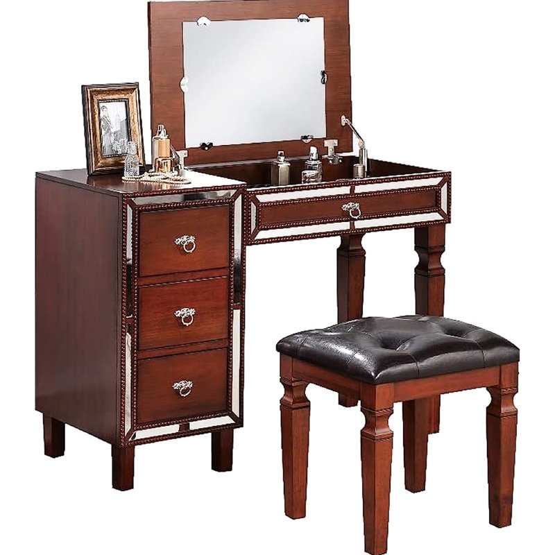 Tabouret de meuble-lavabo traditionnel couleur cerise, options de rangement spacieuses, siège élégant, placage de peuplier, bois d'hévéa