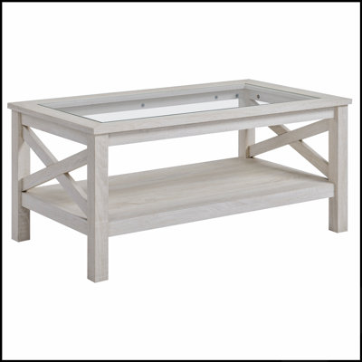 Farmhouse Style Coffee Table with Wood Frame, Tempered Glass Top, and Spacious Underneath Storage Shelf