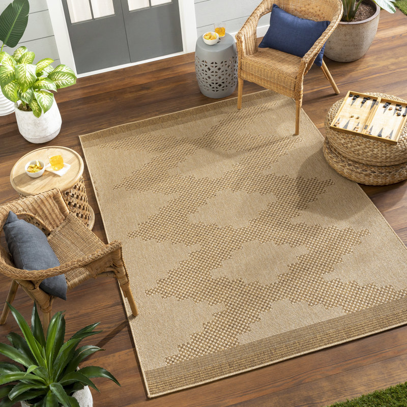 Jemichael Geometric Machine Woven Polypropylene Area Rug in Beige/Orange, Square 7'10"