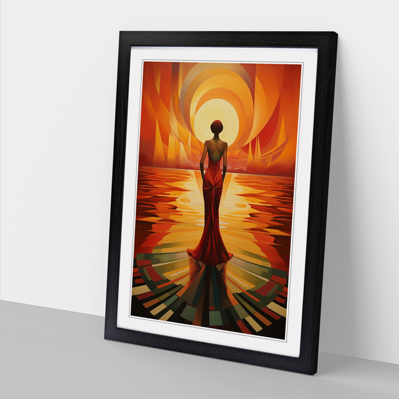 Sunset Art Deco - Single Picture Frame Print on Wood, 64cm H x 46cm W x 2cm D, Black