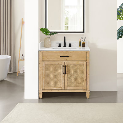 Salome 36" Single Bathroom Vanity in Weathered Fir with Grain White Engineered Stone Countertop without Mirror
