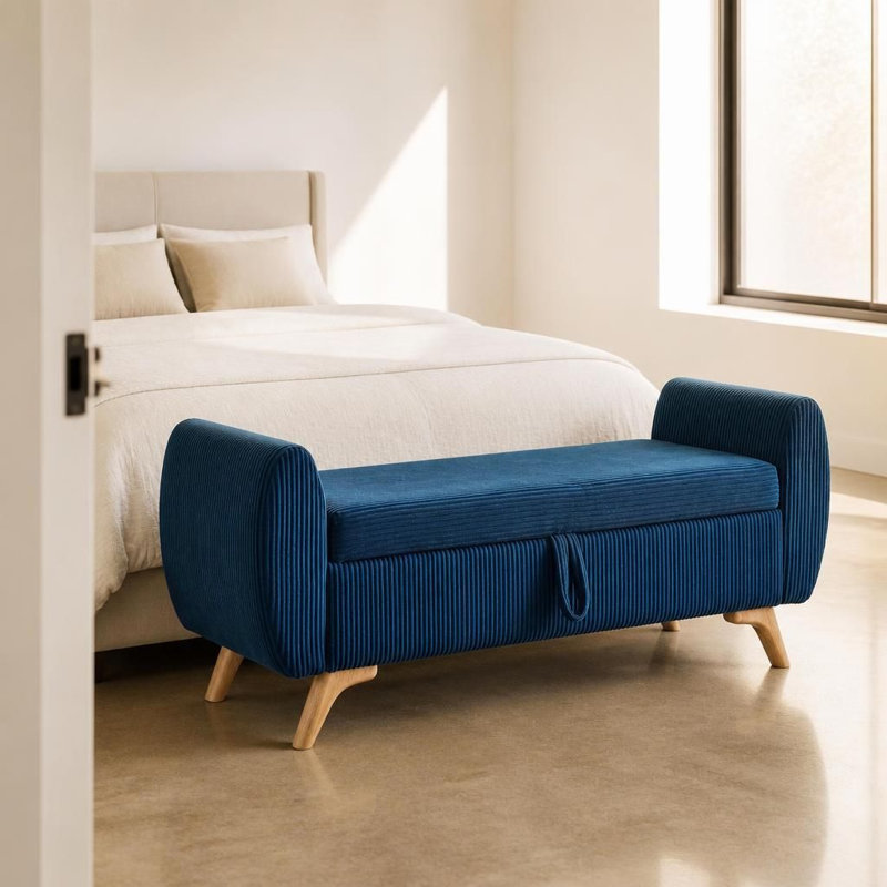 Banc de lit coffre moderne en velours côtelé avec pieds en bois massif, assise relevable multifonctionnelle avec compartiment de rangement dissimulé, soutien à ressorts sinueux, coussin en mousse à haute résilience