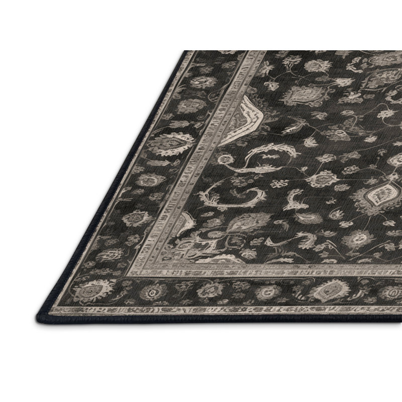 Machine Washable Tabriz Black Area Rug, Rectangle 5' x 7'