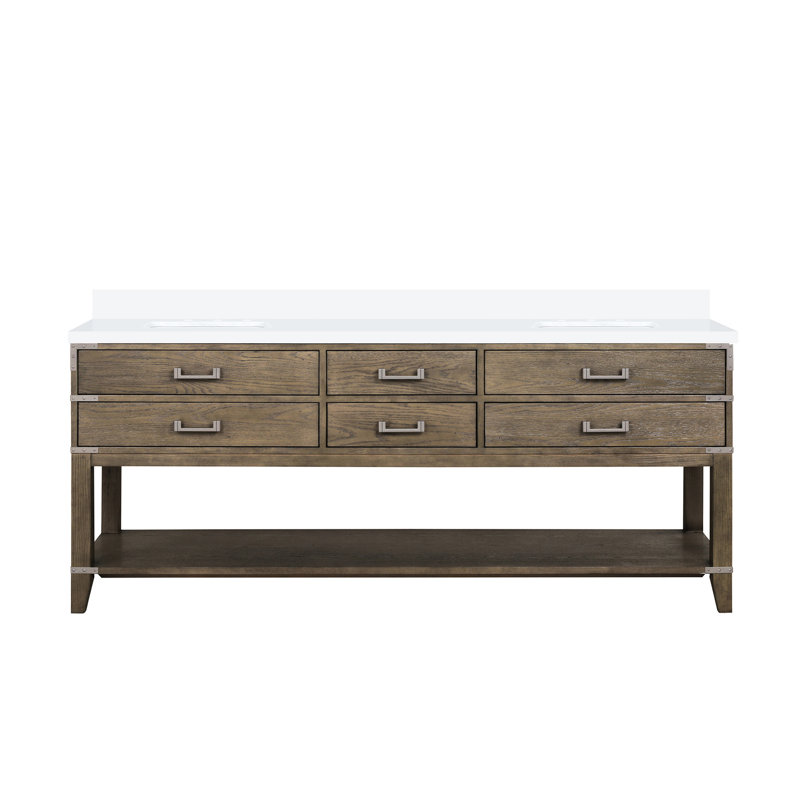 Meuble-lavabo double en chêne gris 80 po Largeur, profondeur 22 po, plateau en quartz blanc, structure en bois massif, tiroir à fermeture en douceur, quatre tiroirs et tablette ouverte, pré-percé pour robinet à 8 fentes