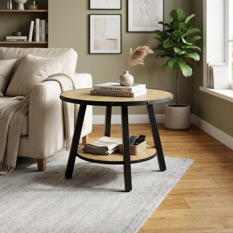 23.6'' Modern Round End Table with 4-Legsa&2-Tier Storage Shelves For Living Room&Bedroom, Natural Wood