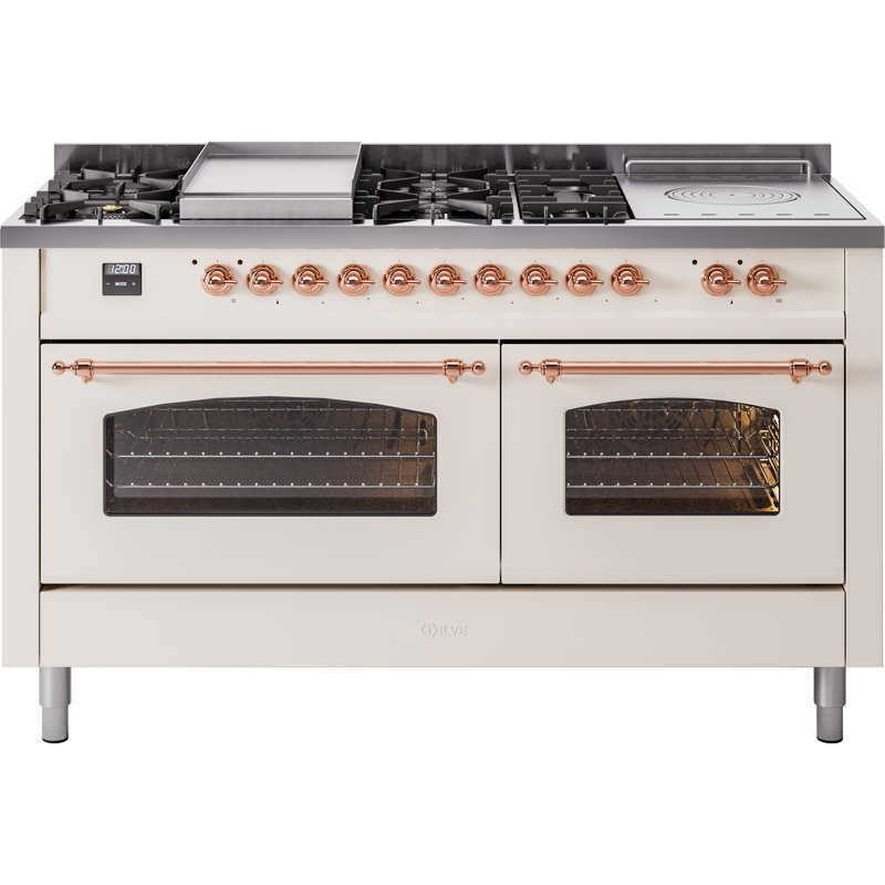 ILVE Nostalgie II 60 Dual Fuel Range, 5 Burners, Griddle, Frenchtop , Liquid Propane, Antique White/Copper