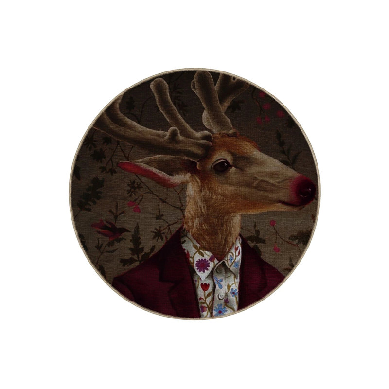 Abstract Themed Suit Deer Patterned Round Woven Base Modern Decorative Carpet, Round 2'8"