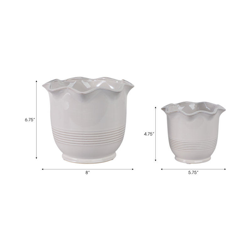 Planter Ceramic Scalloped Rim Ribbed Design Set Of 2, Ivory