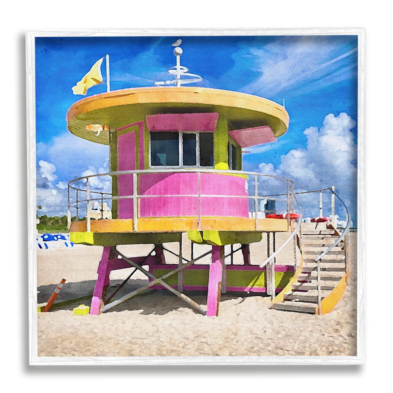 Highland Dunes Pink Lifeguard Hut, H 24 po x l 24 po x P 1,5 po, Giclée encadrée blanc bord de mer