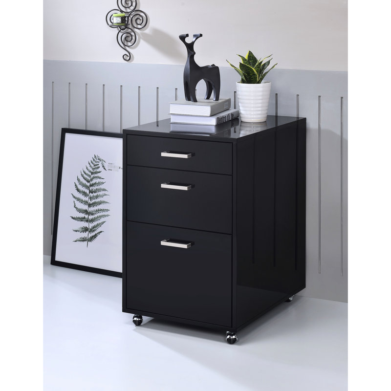 Classeur à 3 tiroirs noir lustré et lustré - H 18 po x 22 po x 28 po, sans assemblage, 62 lb, roulettes pour un mouvement 3 tiroirs, glissement facile