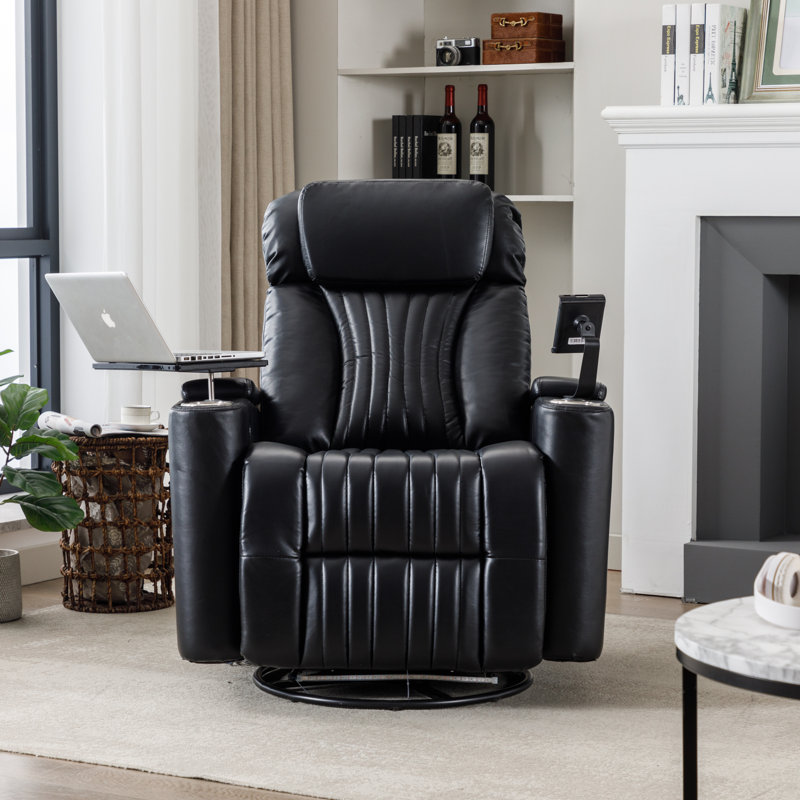 270° Power Swivel Recliner With Hidden Arm Storage And LED Light Strip,Cup Holder,360° Swivel Tray Table,And Cell Phone Holder ,Grey